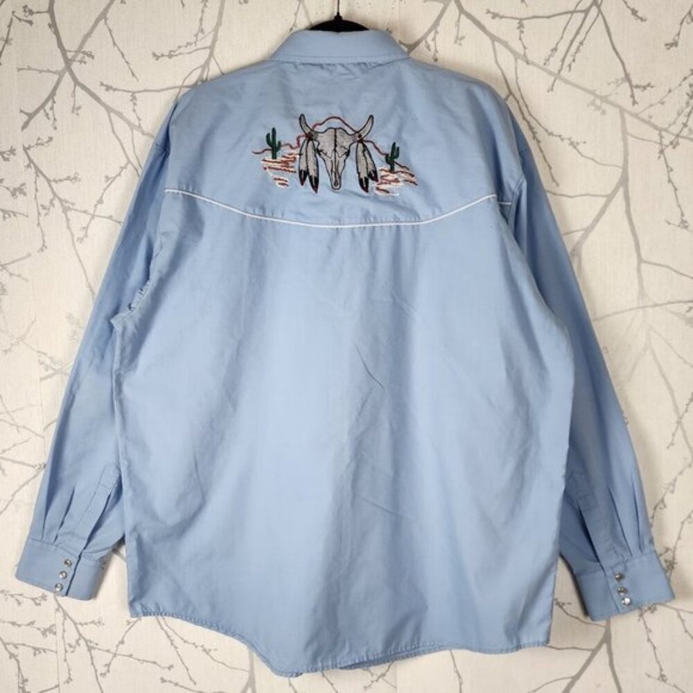 Toro Blue Cotton Steer Head Skull Cactus Pearl Snap Western Shirt